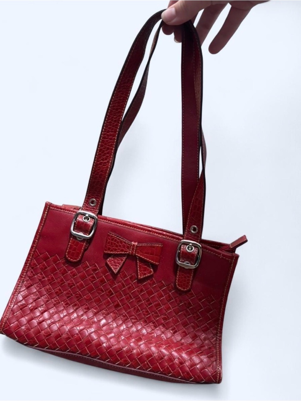 Red Woven Bow Tote Handbag - Women Bags